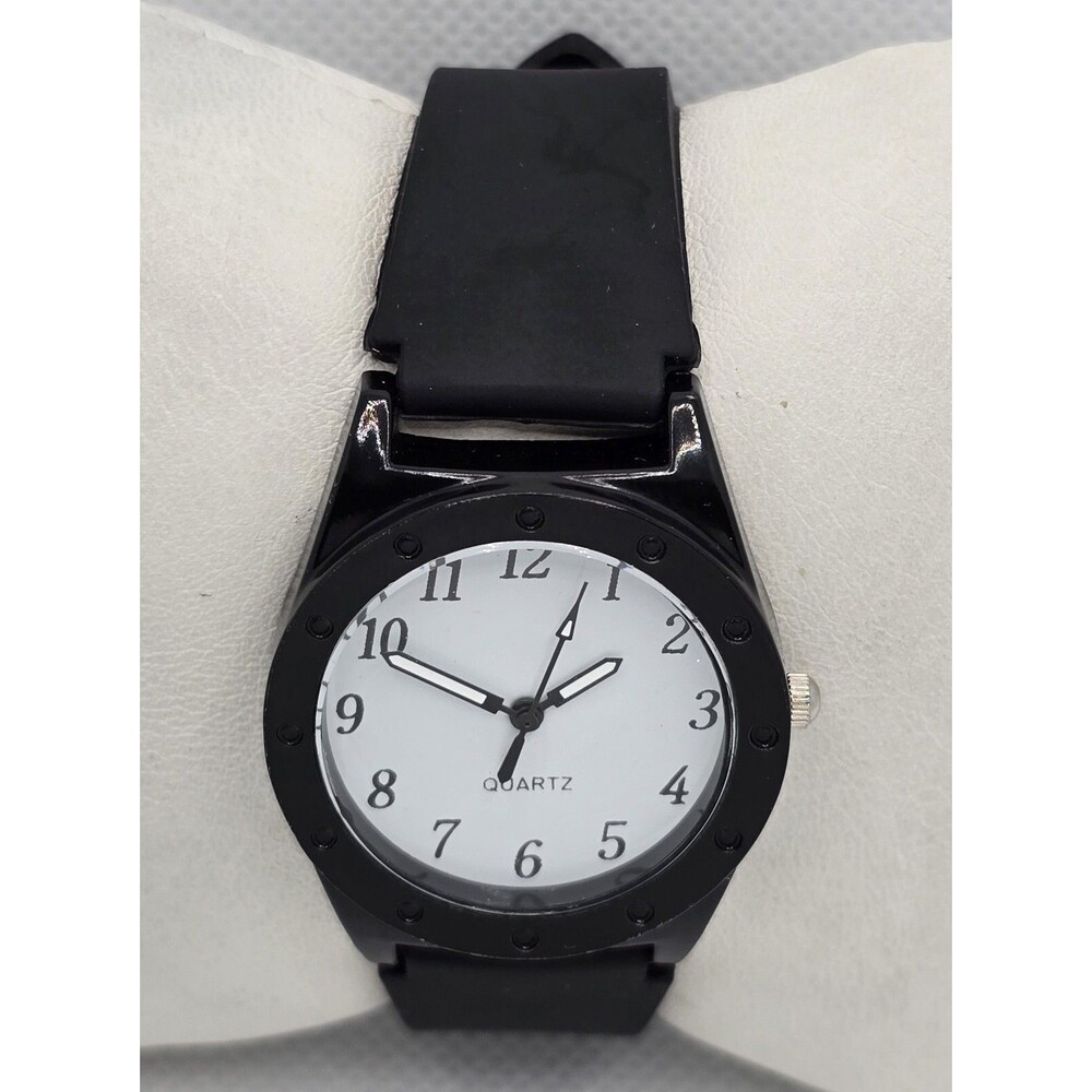 Unisex Quartz Round White Dial Large Numbers Black Silicone Strap Watch 04 - Picture 4 of 9
